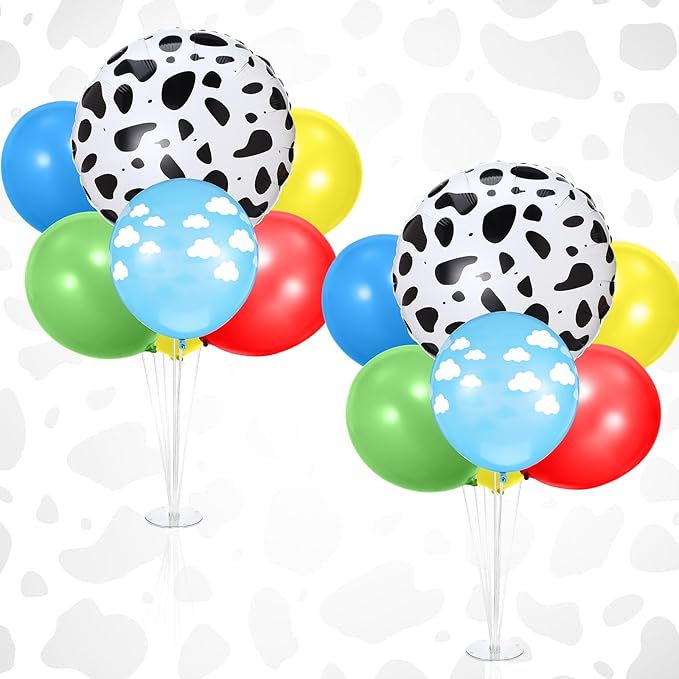2 Sets Cartoon Birthday Party Decorations Table Centerpiece Red Yellow Blue Green Balloon Stand Kit with Cloud Cow Print Foil and Latex Balloon for Baby Shower Farm Animals Wedding Supplies