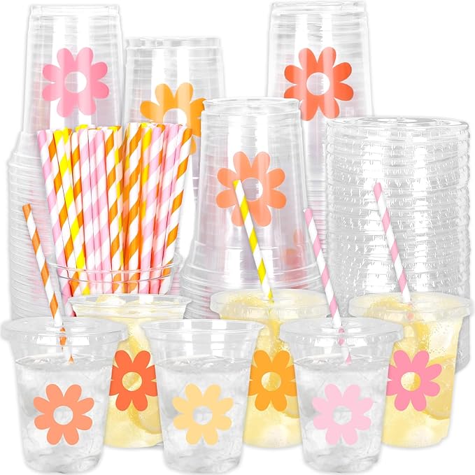 Whaline 60Pcs 12Oz Daisy Disposable Plastic Cups with Lids and Straws Retro Boho Groovy Flower Cold Beverage Drinking Cups for Wedding Birthday Baby Shower