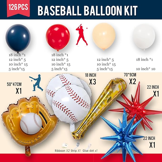 Blue Red Baseball Balloon Garland Arch Kit navy blue red apricot white with foil star balloons for Sports Theme rookie year 1st birthday party baseball baby shower decorations
