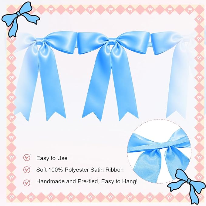 2 Strings of 16PCS Blue Bow Garlands Banner Decoration,Pre-Strung Satin Ribbon Ornaments for Birthday,Bachelorette Party,Bridal Shower,Wedding,Engagement,Baby Shower,Graduation Decor,Anniversary