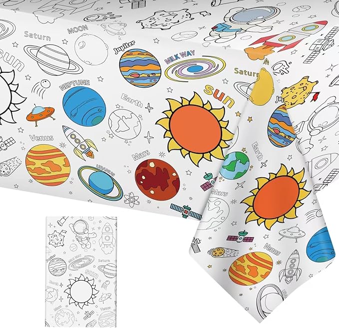 Large Outer Space Coloring Tablecloth - Giant Solar System Theme Colorable Paper Poster, Galaxy Activity Games Table cloth for Space Birthday Party Decorations Supplies Favors Crafts Gifts, 54x108 In
