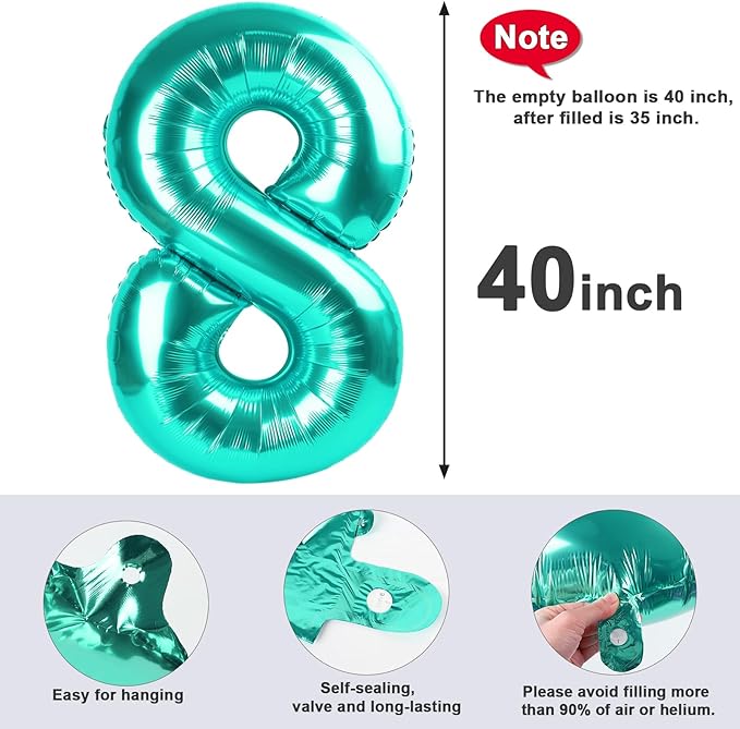 40 Inch Number 8 Balloon, Blue-green 8 18 28 80 Birthday Balloons for Men Boys, 8th Birthday Decorations Party Supplies, Wedding, Graduations