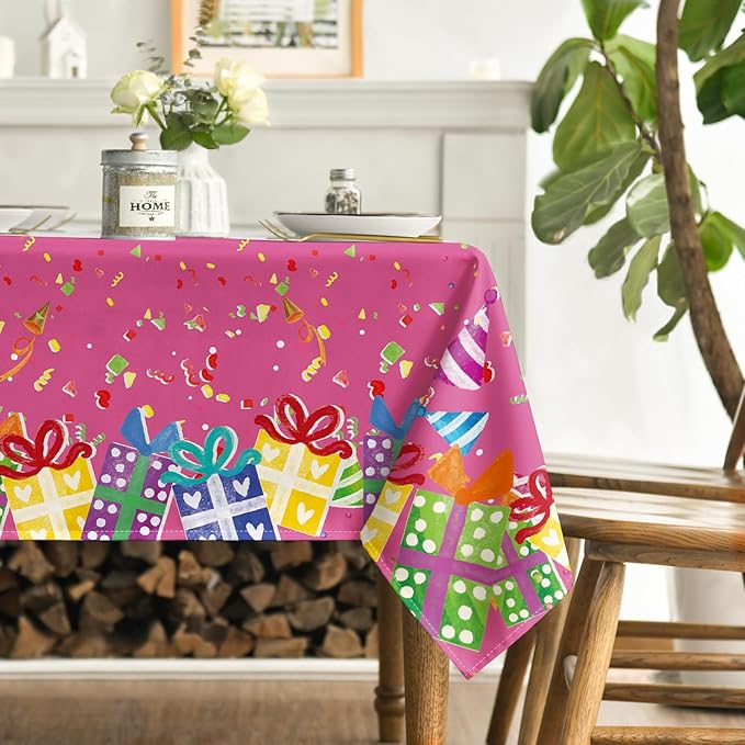Horaldaily Birthday Tablecloth 60x120 Inch Rectangular, Happy Birthday Ballon Pink Washable Seasonal Table Cover for Party Picnic Dinner Decor