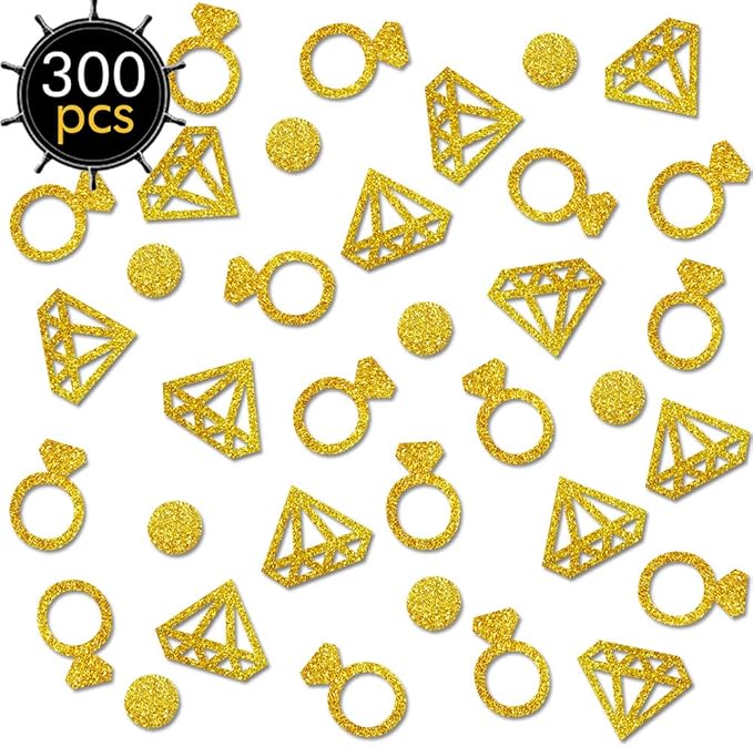 Gold Diamond Ring Confetti (300Pcs) - Glitter Wedding Table Decoration for Bridal Shower, Engagement Party, Hen Party, Valentine's Day, Baby Shower - Table Scatter Decor