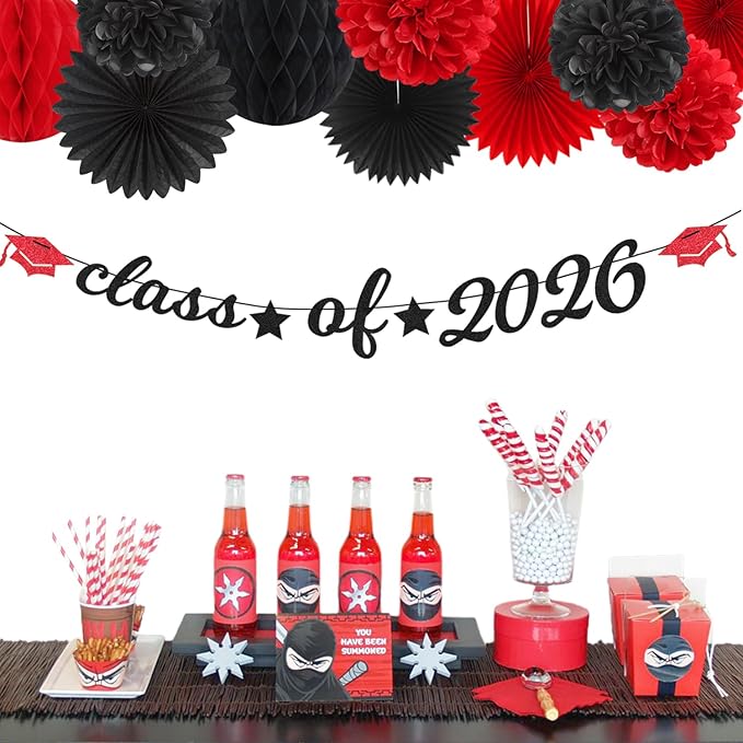 Red Black Party-Decoration Graduation Banner - 14pcs Kits Cap Garland Streamers, Paper Tissue Pom Poms Flowers Fans Honeycomb,Class Of 2026 College High School Grad Decor Hugfond
