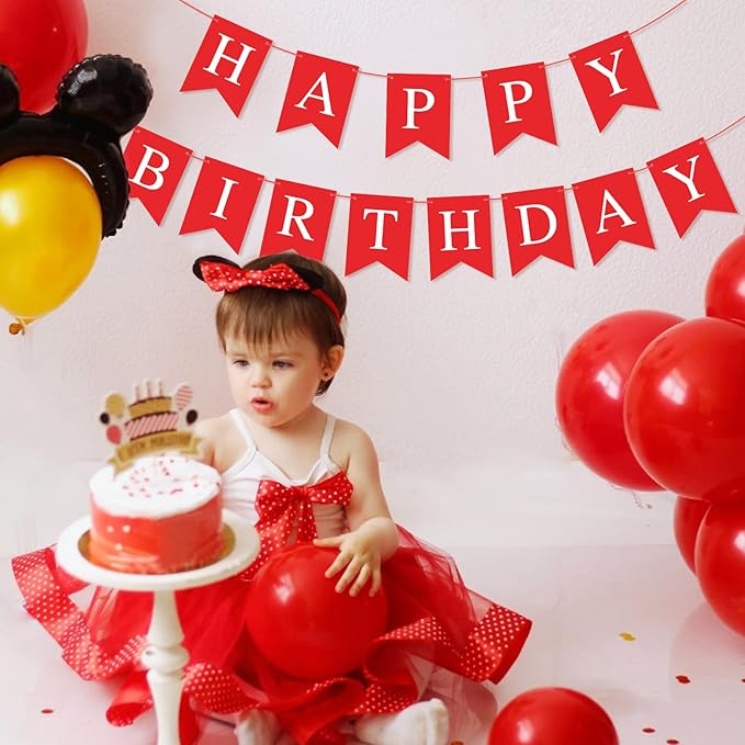 Red Happy Birthday Banner Sign Happy Birthday Bunting Banner Garland for Kids Girl Woman Birthday Tea Party Decorations Bunting Flag Birthday Party Supplies