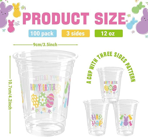 100 Pcs Happy Easter Plastic Cups, 12 Oz Rabbit Bunny Eggs Disposable Clear Party Cups for Spring Easter Party Decoration Supplies Cold Drinking Beverage Ice Cream Snacks