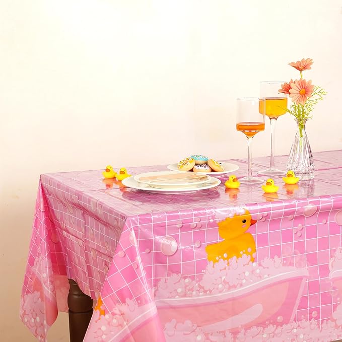 Oudain 3 Pcs Plastic Yellow Duck Tablecloth Disposable Cute Bubble Rubber Yellow Ducky Table Cover for Birthday Party Decorations Supplies, 51 x 86.6 Inch (Pink)