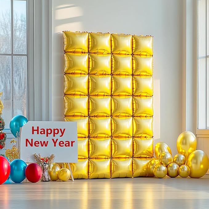 NISOCY 48PCS Gold Square Foil Balloons Wall Backdrop Metallic Double Sided Gold Christmas Balloons Tunnel Arch Kit for New Year Birthday Anniversary Graduation Party Decorations