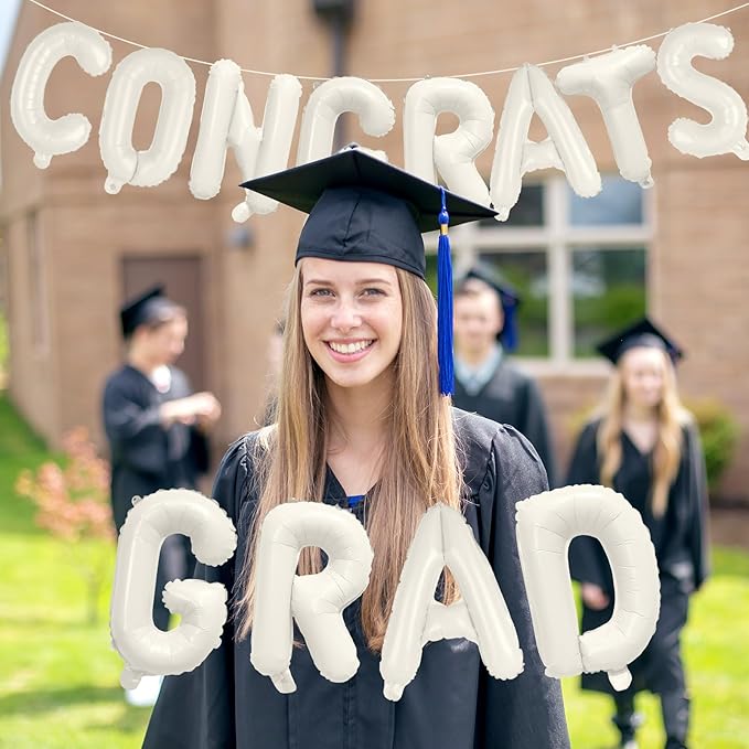 KALOR 16 Inch Cream White Congrats Grad Banner Balloons, Cream White Congrats Grad Letters Sign, Graduation Decorations 2026 for Graduation Party Decorations 2026