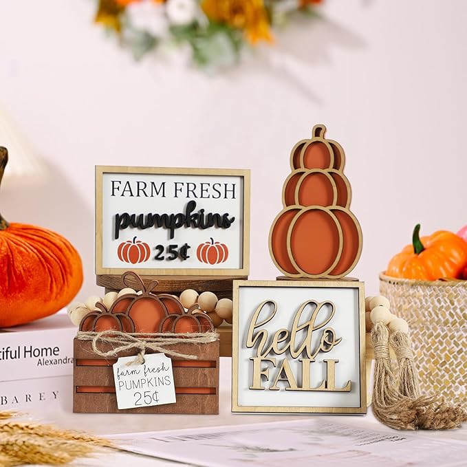DAZONGE Fall Decor, 5PCS Fall Decorations for Home, Hello Sign, Stacked Pumpkin, Farm Fresh, Pumpkin Crate, Bead Garland, Rustic Tiered Tray Decor