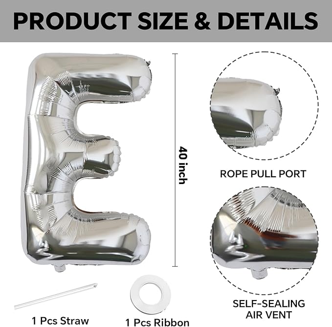 KALOR 40 Inch Silver Letter E Balloons Jumbo Foil Mylar Helium Big Balloons for Birthday Party Anniversary Baby Shower Supplies