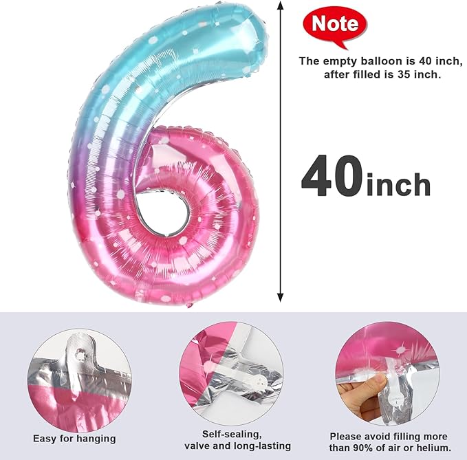 Number 6 Balloon 40 Inch, 6th Birthday Balloon for Boy Girl, Pink Purple Blue 16 60 61 65 Numbers Balloons Birthday Party Wedding Events Decorations