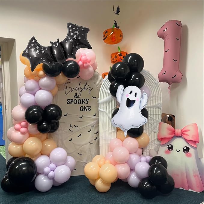 Pink Purple Halloween Balloon Arch Garland Kit, 125pcs Pastel Witch Halloween Balloon with Bat & Cute Ghost Foil Balloons for Girls Baby Shower halloween Boo Spooky Season Indoor Party Decorations