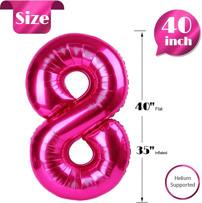Hot Pink Number 8 Balloon 40 Inch, 8 Balloon Number, 8th Birthday Decorations, Hot Pink Party Supplies for Boys Girls