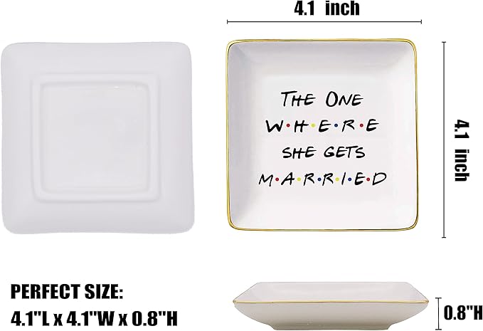 Topthink The One Where She Gets Married-Gift for Women-Engagement-Bride to Be-Newly Engaged-Bridal Shower Gift for Bride-Bachelorette Party Present-Ceramic Jewelry Holder Ring Dish Trinket Tray