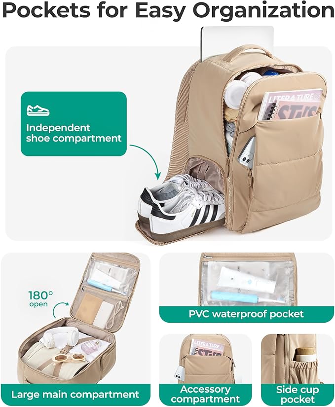 BAGSMART 30L Travel Backpack for Women, Carry on Backpack for Airplanes, Gym Backpack with Shoe Compartment, Lightweight Travel Bag Fits 15.6 Inch, Water-Resistant, Grey