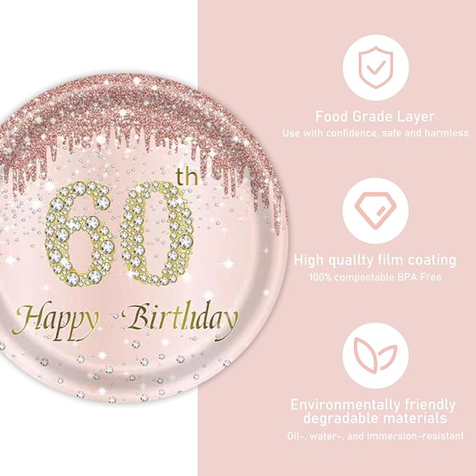 121Pcs 60th Birthday Party Supplies Plates Napkins Cups Forks Tablecloth Rose Gold Happy 60th Birthday Themed Disposable Tableware Decorations Serves 24 Guests for Women 60 Years
