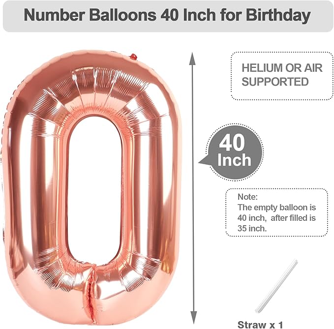 40 Inch Number 10 Balloons, Rose Gold Balloons for Woman Man 10th Birthday Party Decoration, Foil Number Ballon for 10, 100 Anniversary, Bridal Shower, Graduation, Wedding, Valentine's Day