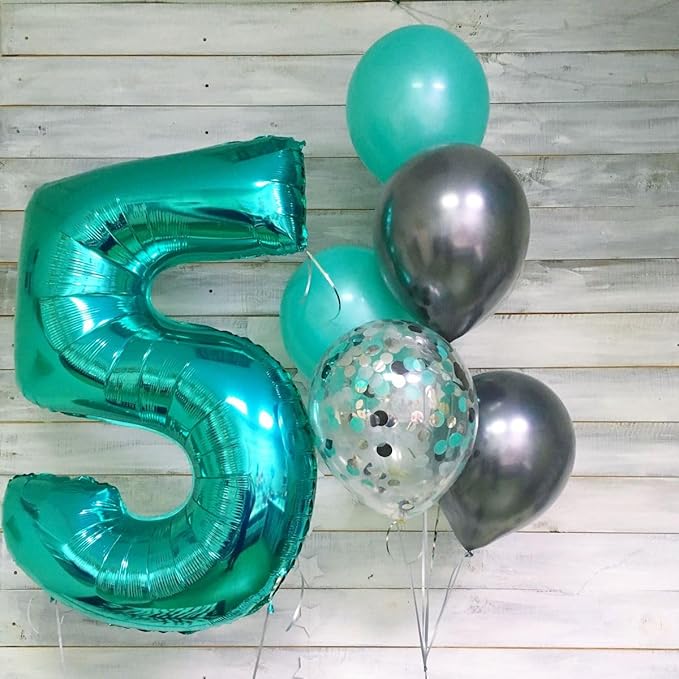 Numbers 5 Balloon 40 Inch, 5Year Anniversary Decorations, Blue-Green Numbers Balloon for 5, 15, 25, 50 Birthday Party Decoration, Anniversary, Wedding, Single Supplies