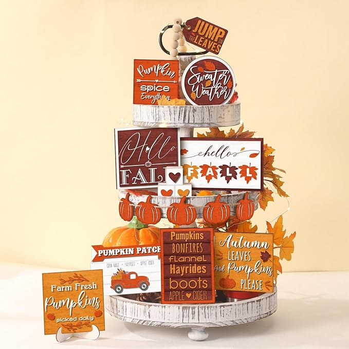 14 Pcs Thanksgiving Tiered Tray Decor Thanksgiving Pumpkin Fall Home Decorations Set Rustic Farmhouse Pumpkin Truck Spice Blocks Autumn Winter Wooden Sign for Fall Christmas