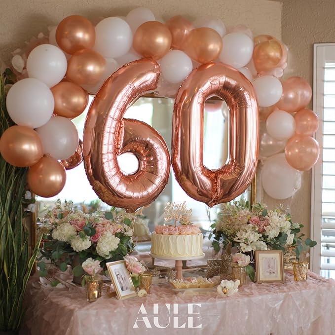 AULE 40 Inch Big Rose Gold Foil Mylar Number Balloons for Women 60th Birthday Party Decorations Giant Happy 60 Anniversary Party Decor