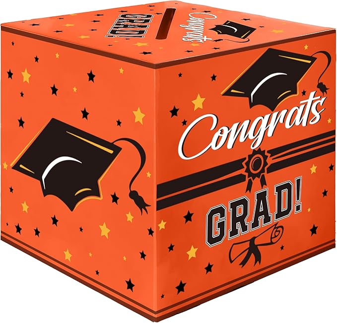 Graduation Card Box, Graduation Party Decorations 2025, Orange Graduation Box, Graduation Card Holder, Foldable Cardboard Congrats Grad Card Gift Box for Graduation Party Supplies Party Favors