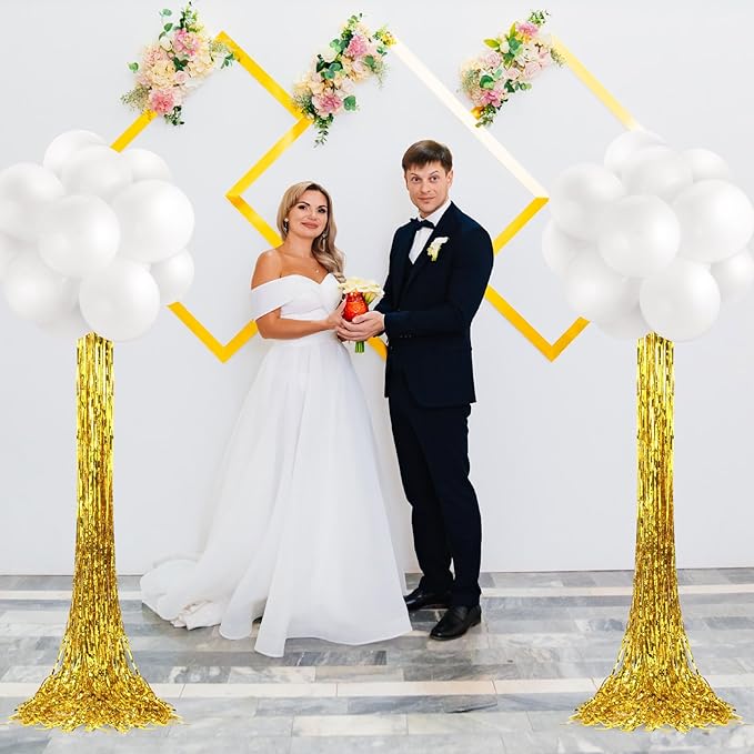 Gejoy 2 Set White and Gold Graduation Decorations Graduation Balloon Column Stand Kit with 50 Balloons 2 Gold Foil Fringe Backdrop Curtains 2 Adjustable Tower Stand with Base for 2026 Grad Party Decor