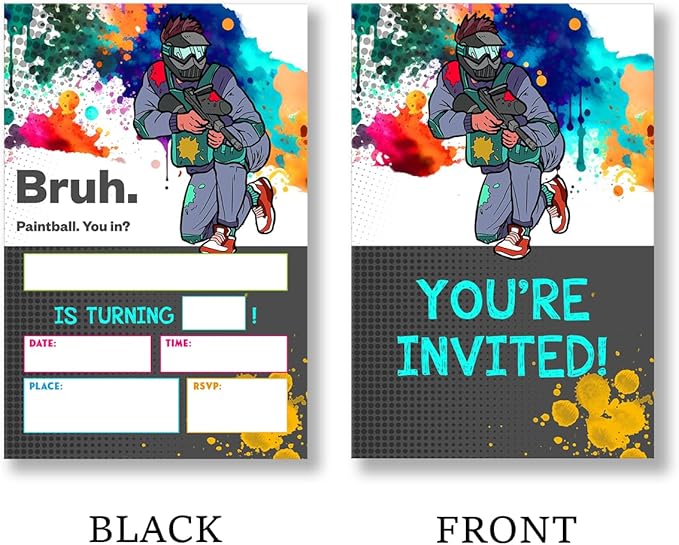 Paintball Birthday Invitation Supplies with Envelopes Set of 20 Bruh Teen Boy Party Invitation Fill in Blank, Double Sided