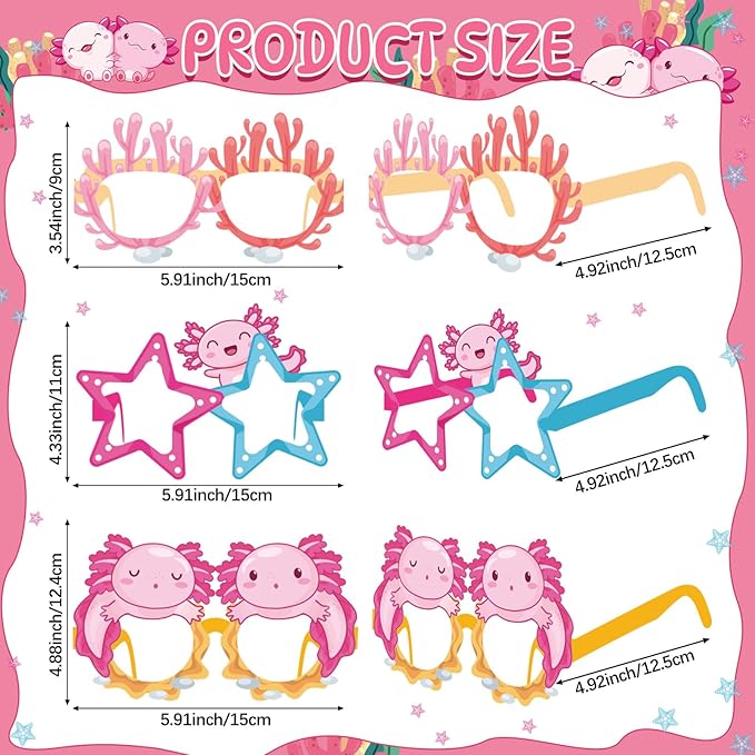Pajean 36 Pcs Axolotl Party Decorations Eyeglasses Pink Axolotl Themed Paper Glasses Decor Salamander Photo Booth Props Frame for Birthday Pink Baby Shower Salamander Party Decoration Gift