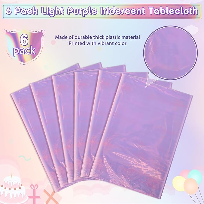 6 Pack Light Purple Plastic Tablecloths for Rectangle Tables, Shiny Disposable Laser Rectangle Table Covers Holographic Foil Tablecloth Iridescent Party Decoration Birthday Bridal Wedding, 39x108 Inch