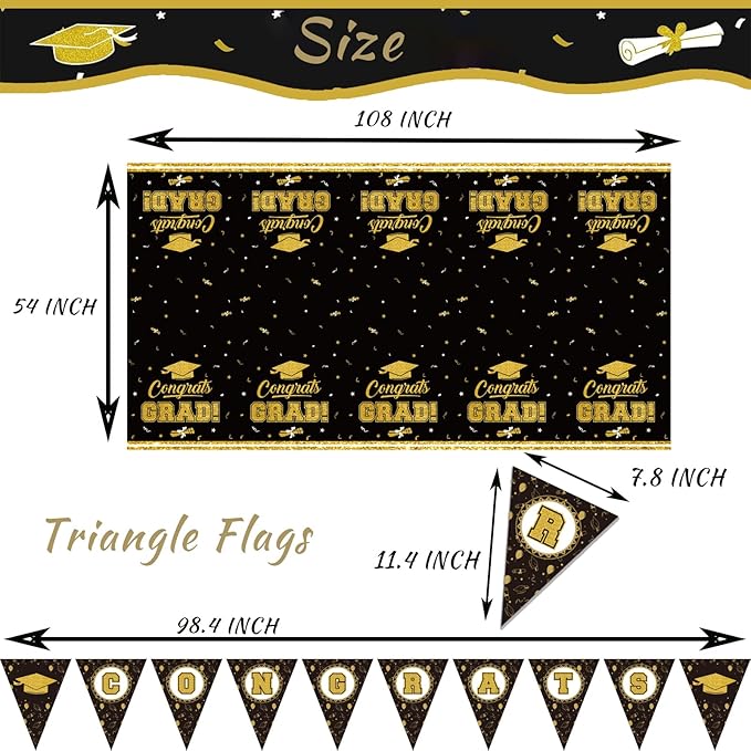 Graduation Decorations Tablecloth Set, Class of 2026 Graduation Party Supplies Gongrats Grad Tablecover Decor for High School University Graduates Party, Black and Gold Table Cloth with Banner