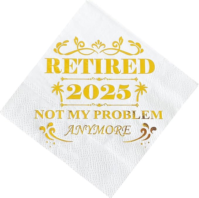 Retired 2025 Cocktail Napkins, 50 Pack 3-Ply Retirement Party Decorations Supplies, Gold Foil Disposable Napkins for Farewell,Coworker Goodbye & Going Away Celebration (5"x5")