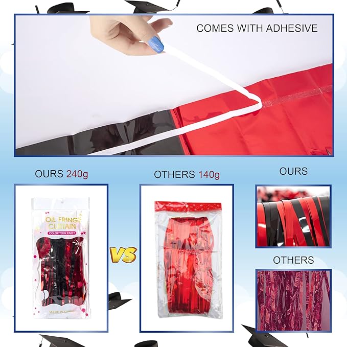 LOLStar Graduation Party Decoration, 2 Pack Red and Black 3.3x6.6 ft Foil Fringe Curtains, Tinsel Backdrop, Graduation Photo Booth Prop Streamer Backdrop for Class of 2026, Prom and Grad Party Decor