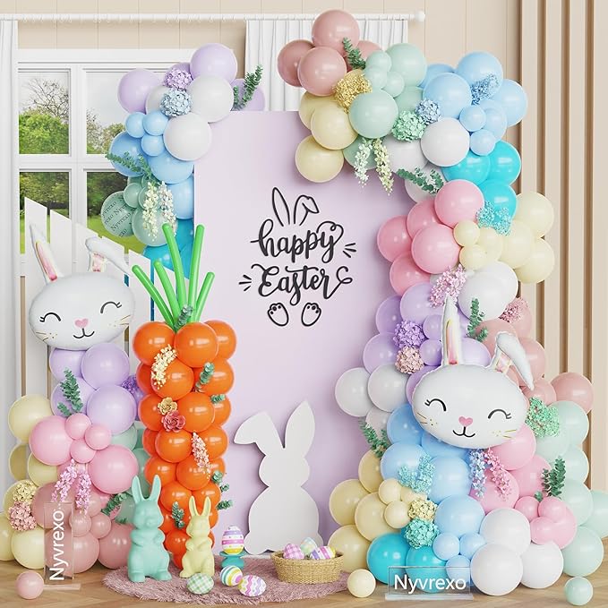 160Pcs Easter Balloon Garland Arch Kit with Bunny & Carrot Foil Balloons, Pastel Balloons for Easter Party, Baby Shower, Spring Birthday, Photo Backdrop Decorations