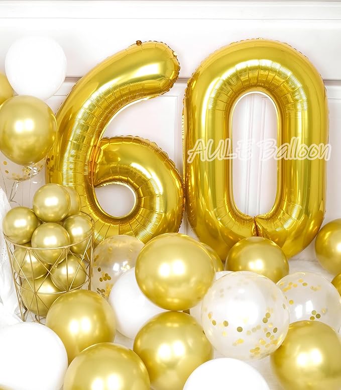 AULE 40 Inch Jumbo Gold Foil Mylar Number Balloons for Men Women 60th Birthday Party Decorations 60 Years Old Anniversary Party Supplies