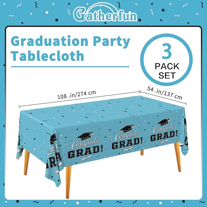 Gatherfun Graduation Party Decorations, Gongrats Grad Tablecover for Graduation Party Supplies, 3 pcs Sky Blue Table Cloths, 54"x108"