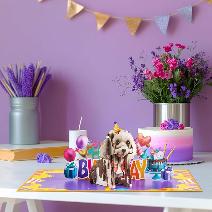 Poodle Dog Pop Up Happy Birthday Greeting Card, ideal love Gift for Adult and Kid with Blank Note & Envelope, Foldable Celebration for Daughter, Son, Mom, Dad, Friend, Children