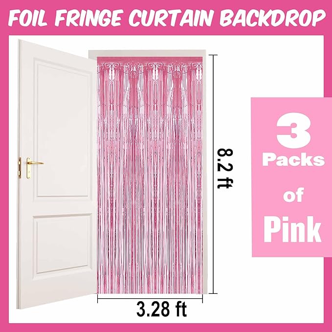 3 Pack Pink Foil Fringe Curtains Backdrop, 3.28 x 8.2 Ft Metallic Streamers Tinsel Curtains Background for Photo Booth, Birthday, Halloween, Christmas, Thanksgiving, New Year Party Decorations