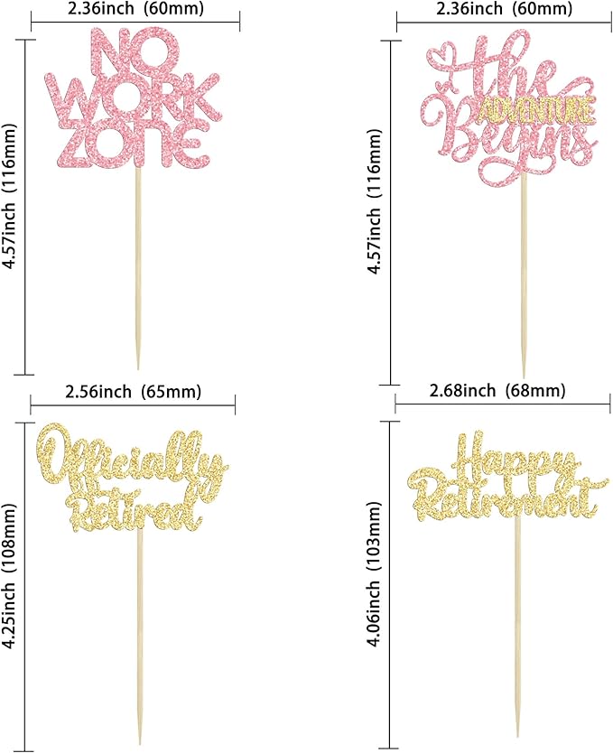 24Pcs Happy Retirement Cupcake Toppers Officially Retired Cake Toppers No Work Zone Adventure Begins Cupcake Picks Retirement Theme Farewell Birthday Party Decorations Supplies PInk Gold