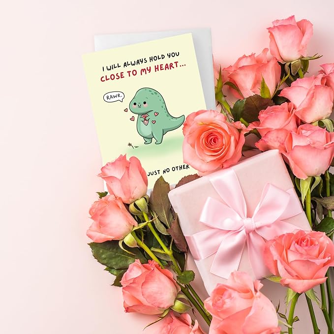 ALY LOU Funny Anniversary & Birthday Card – Punny Greeting Card Blank Inside, Cute & Perfect for Couples, Him, Her, Husband, Wife, Girlfriend, Boyfriend (Close To My Heart - T-Rex)