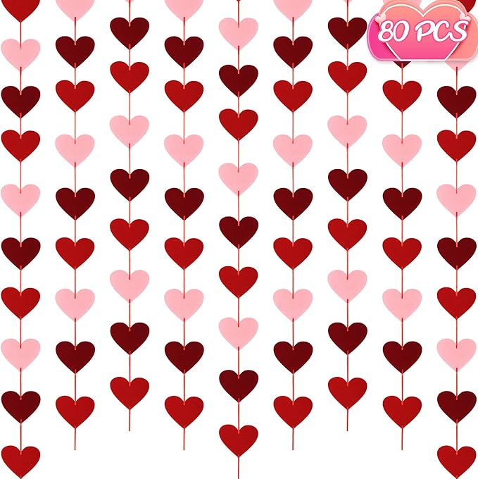 Valentine's Day Decoration - 80 Felt Hearts 8 Pack Heart Banner, Pre-Strung Hanging Decor for Home, Fireplace, Office, Wall, Door, Window