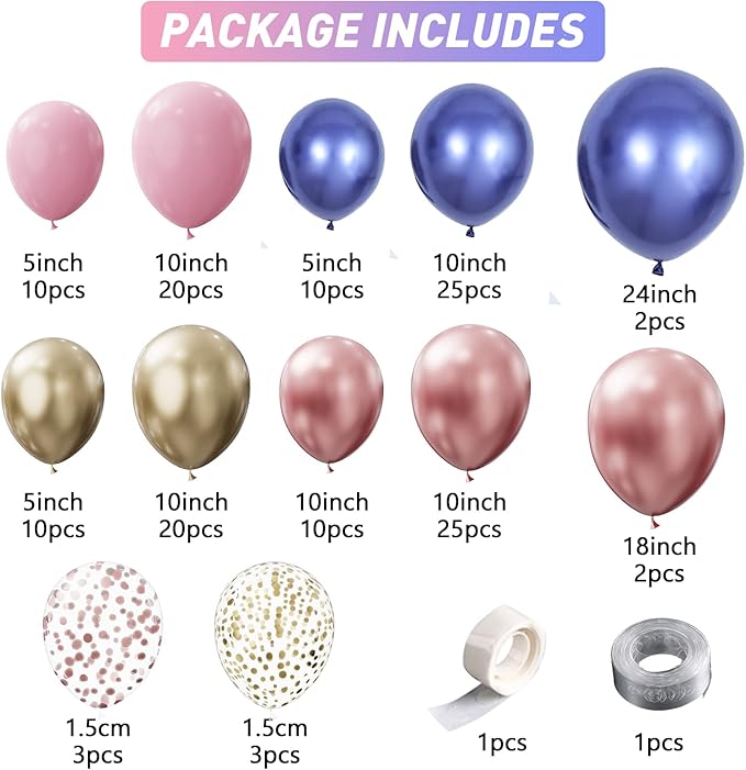 Navy Blue Rose Gold Pink Gold Confetti Latex Balloons with 140pcs 18/10/5/Inch Metallic Chrome Balloons for Birthday Party Wedding Graduation Bridal Shower Decorations (Navy Blue)