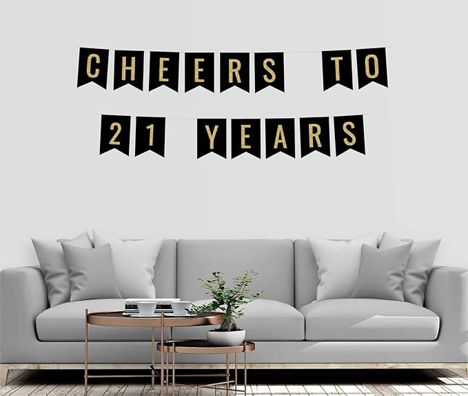 Andaz Press Faux Gold Glitter on Black Birthday Party Banner Decorations, Cheers to 21 Years, Approx 5-Feet, 1-Set, 21st Birthday Milestone Colored Hanging Pennant Decor