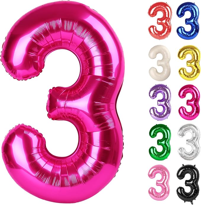 Hot Pink Number 3 Balloon 40 Inch, 3 Balloon Number, 3rd Birthday Decorations, Hot Pink Party Supplies for Boys Girls