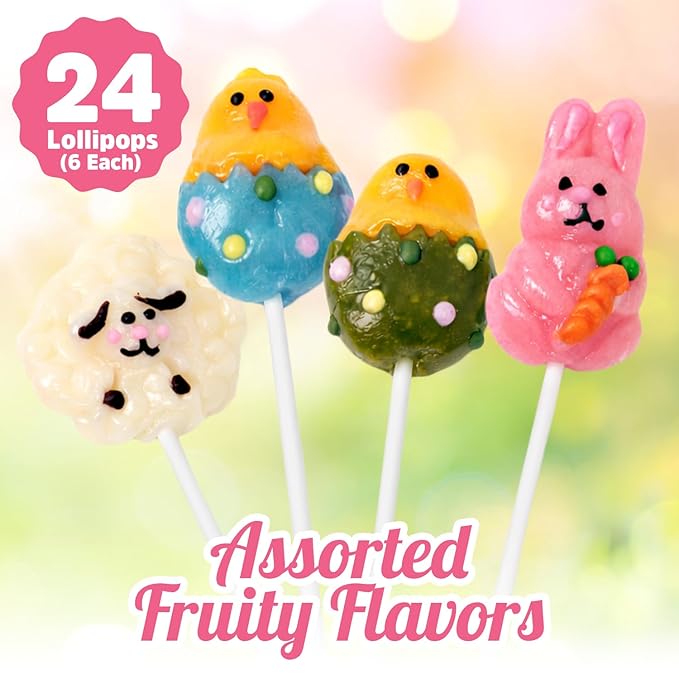Easter Bunny Lollipops, With Natural Colors – 24 Count Individually Wrapped Candy Pops, Bunny Chick And Lamb Shaped Lollipops Easter Candy, For Baskets, Party Favors And Spring Candy
