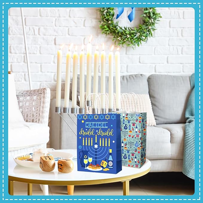 Outus 24 Pcs Hanukkah Party Favor Bags Chanukah Gift Goodie Paper Bags with Handles Blue Star of David Dreidel Candy Treat Pouch for Happy Hanukkah Party Decorations Supplies