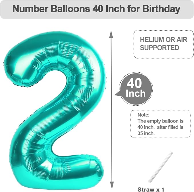 40 Inch Birthday Number Balloons, Blue-Green Numbers Balloon for Birthday Party Decoration, Foil Number 2 Ballon for 2, 12, 20, 22, 2026 Celebration, Graduation, Baby Shower, Anniversary Decor