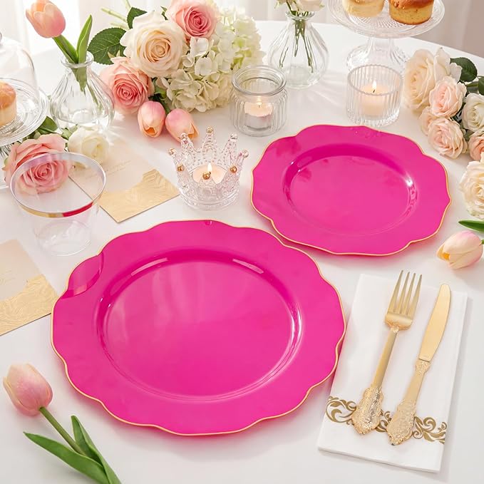NOCCUR 175PCS Hot Pink Plastic Plates with Gold Disposable Silverware - Include 50 Hot Pink Plates,25 Knives,25 Forks,25 Spoons,25 Cups and 25 Napkins - Ideal for Party/Easter Day