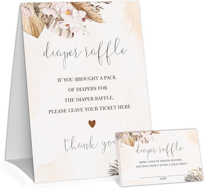Boho Floral Diaper Raffle Game, Diaper Raffle Tickets for Baby Shower, Pink Boho Gender Neutral Tickets for Baby Shower Party Favor Decorations Supplies (1 Sign + 50 Cards)